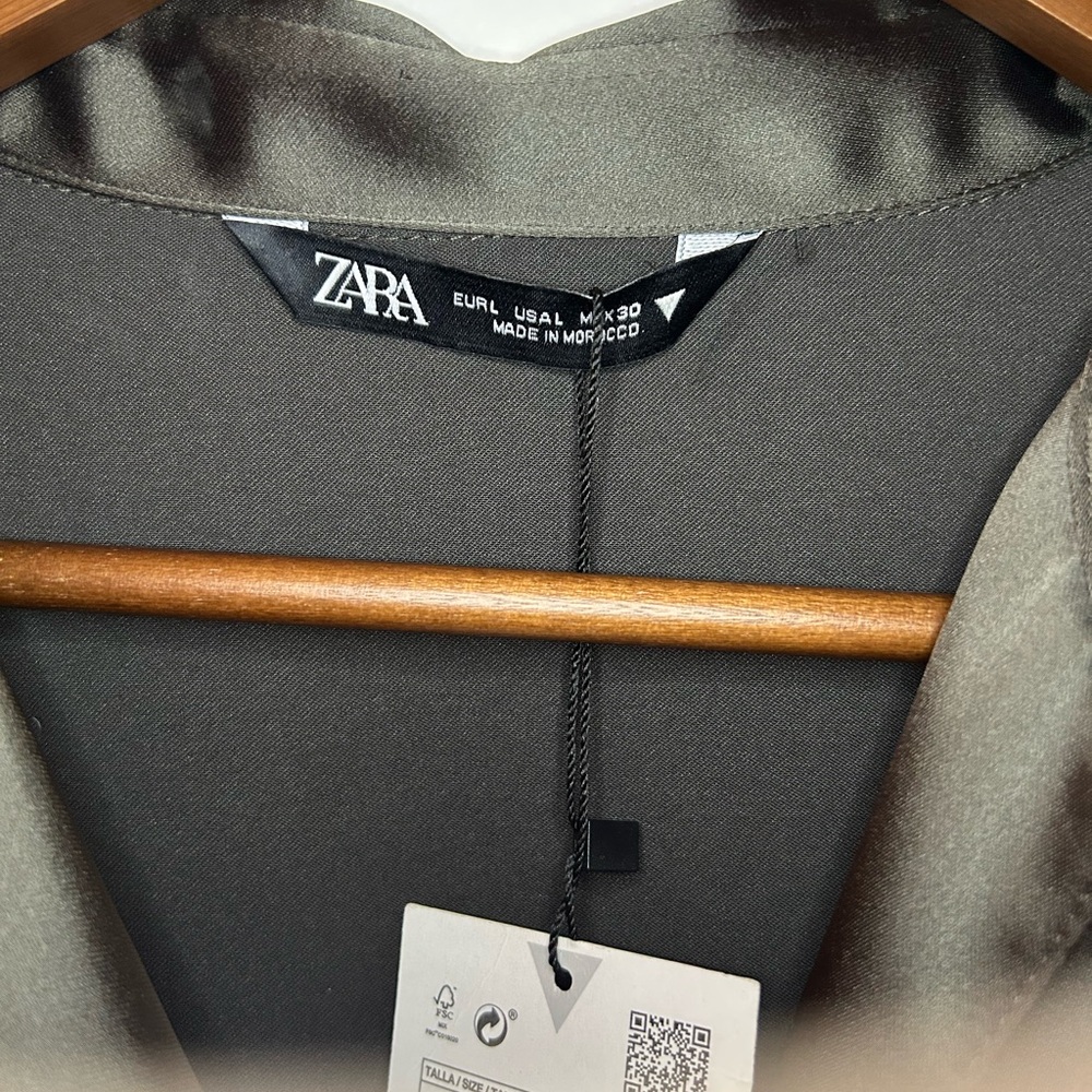 Zara Olive Satin Faux Wrap Long Sleeve Mini Dress - Picture 4 of 14